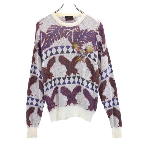 サンタフェ リネンブレンド 総柄 長袖 ニット 38 ホワイト系 santa fe 薄手セーター メンズ拍卖