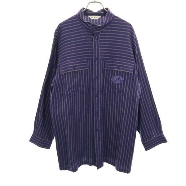ピアスポーツ ウールブレンド ストライプ 長袖 バンドカラー シャツ 4 ネイビー PIA SPORTS メンズ拍卖
