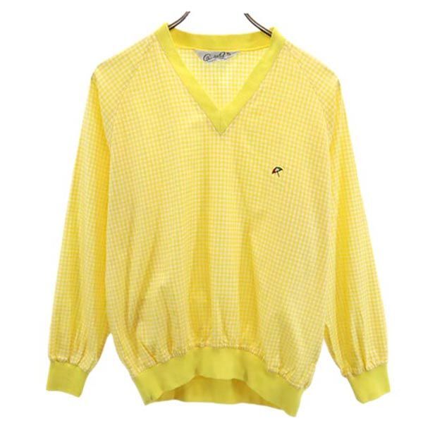 アーノルドパーマー レナウン ギンガムチェック柄 長袖 Vネック Tシャツ 黄色×白 Arnold Palmer ロンT メンズ拍卖