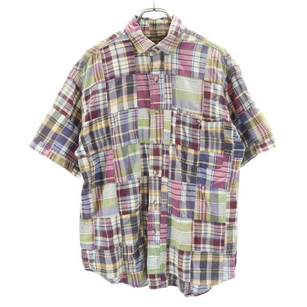 エディーバウアー 90s 黒タグ 半袖 シャツ M 紫×青×緑 Eddie Bauer メンズ拍卖