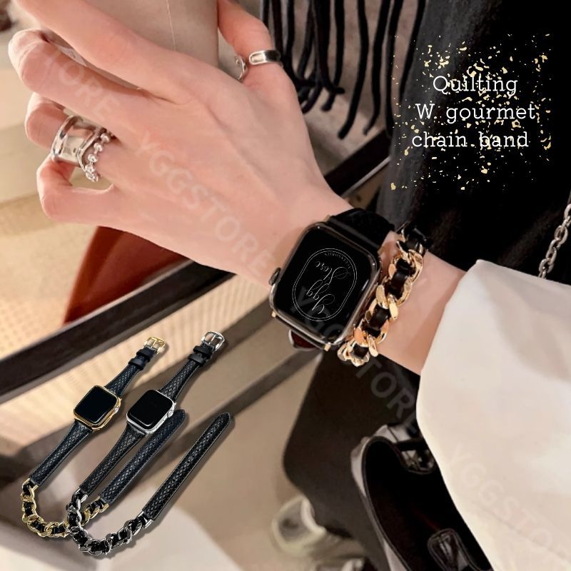 アップルウォッチ チェーン レザー バンド 二重巻き キルティング マトラッセ Apple Watch グルメット ステンレス ゴールド 38/40/41mm 金拍卖