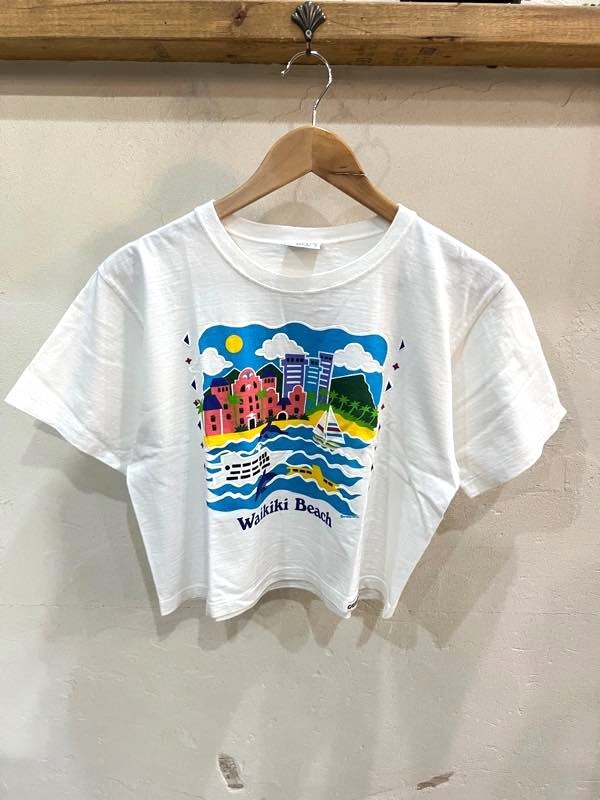crazy shirts クレイジーシャツ Mサイズ USA製 Waikiki Beach ワイキキビーチ 半袖Tシャツ クルーネック プリント ハワイ レディース拍卖