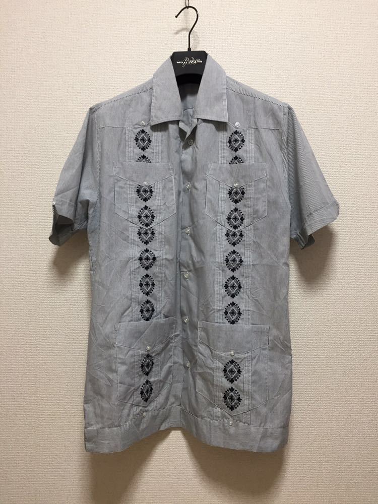 USA古着 SOBRINO キューバシャツ オープンカラーシャツ ボックスシャツ 半袖シャツ /ストライプ 刺繍 S拍卖