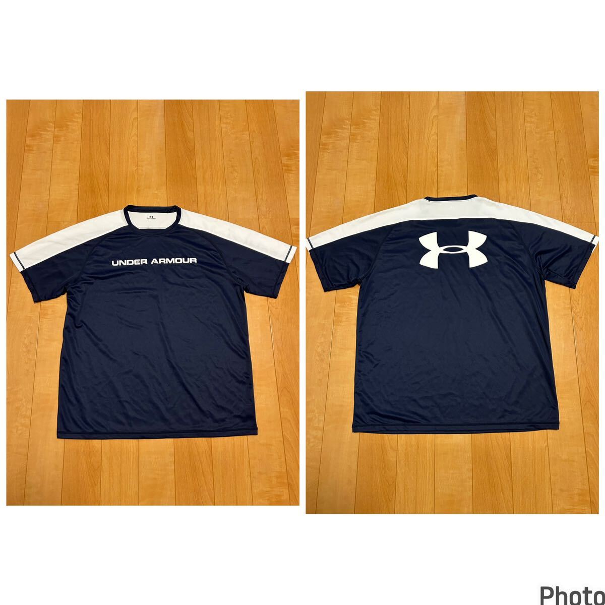 美品☆アンダーアーマー メンズサイズXL 快適速乾ドライ.半袖ラグラン切替Tシャツ 希少両面BIGロゴ・背面超ビッグマーク入!紺白 /パンツ拍卖