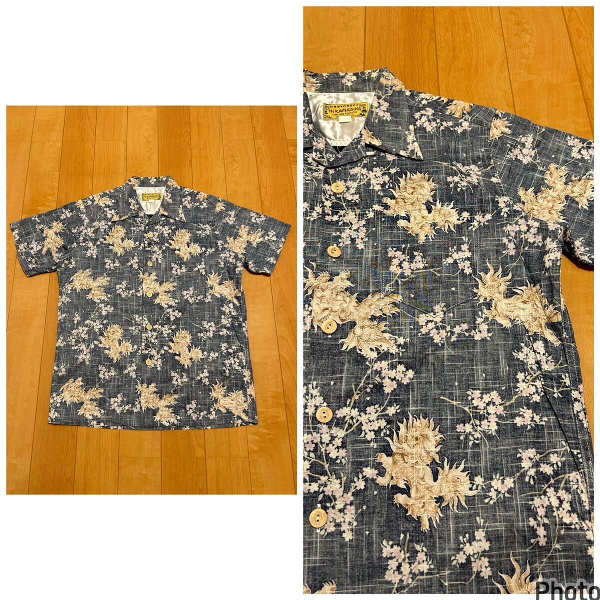 良品☆HI KAMA'AINA/和柄.IN OKINAWA サイズS 限定品.裏使い半袖アロハシャツ シーサー.獅子舞狛犬&桜総柄&猫目竹ボタン&胸両ポケット!拍卖