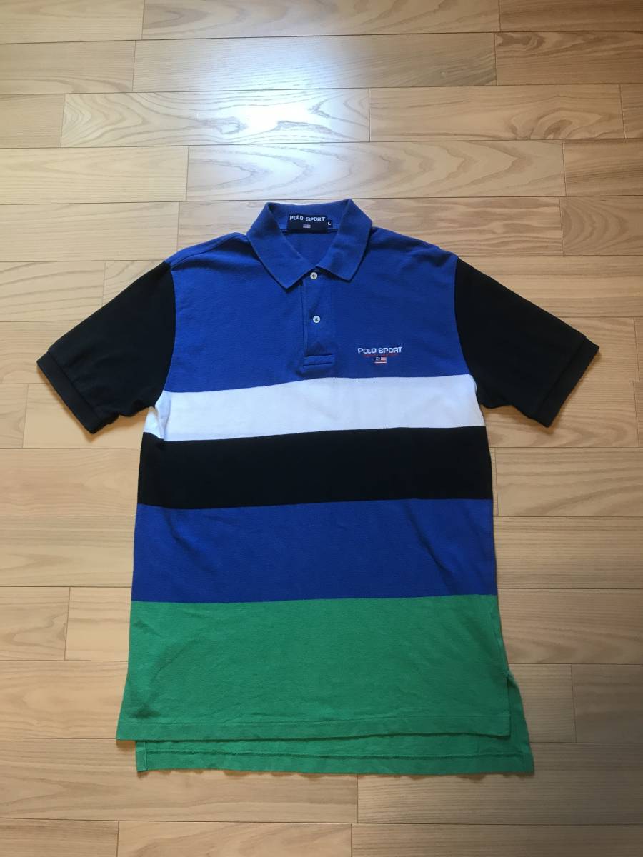 良品☆Vintage 90s POLO SPORT/ポロスポーツ ラルフローレン サイズL 星条旗 ワンポイント ボーダー 鹿の子ポロシャツ RL 半袖 ビンテージ拍卖