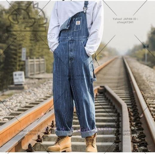 O872☆新品オーバーオール ヒッコリー サロペット ジーンズ デニムパンツ つなぎ 繋ぎ ペインター 作業服 ゆったり S~2XL拍卖