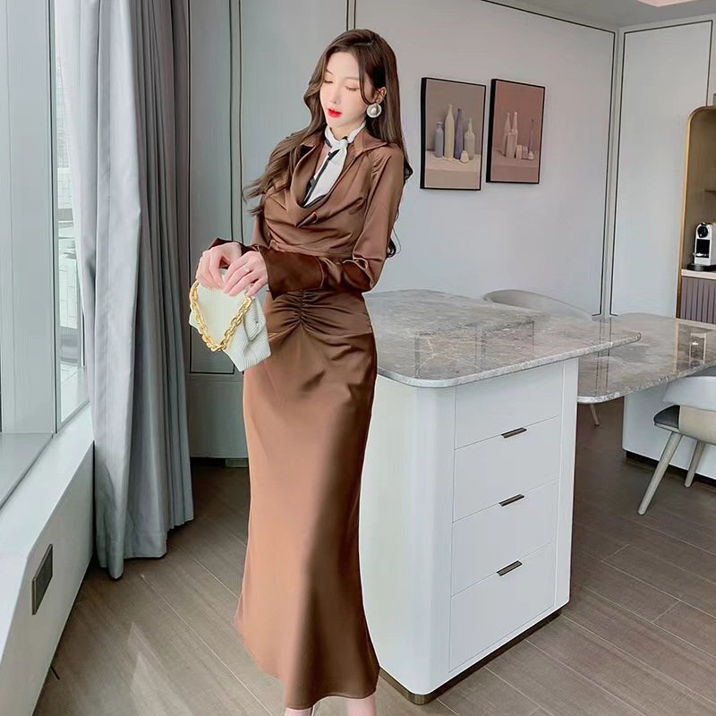 LRM2321★新品 スカートスーツladies レディースきれいめ dress 美スタイル 素敵 長袖 つるつる拍卖