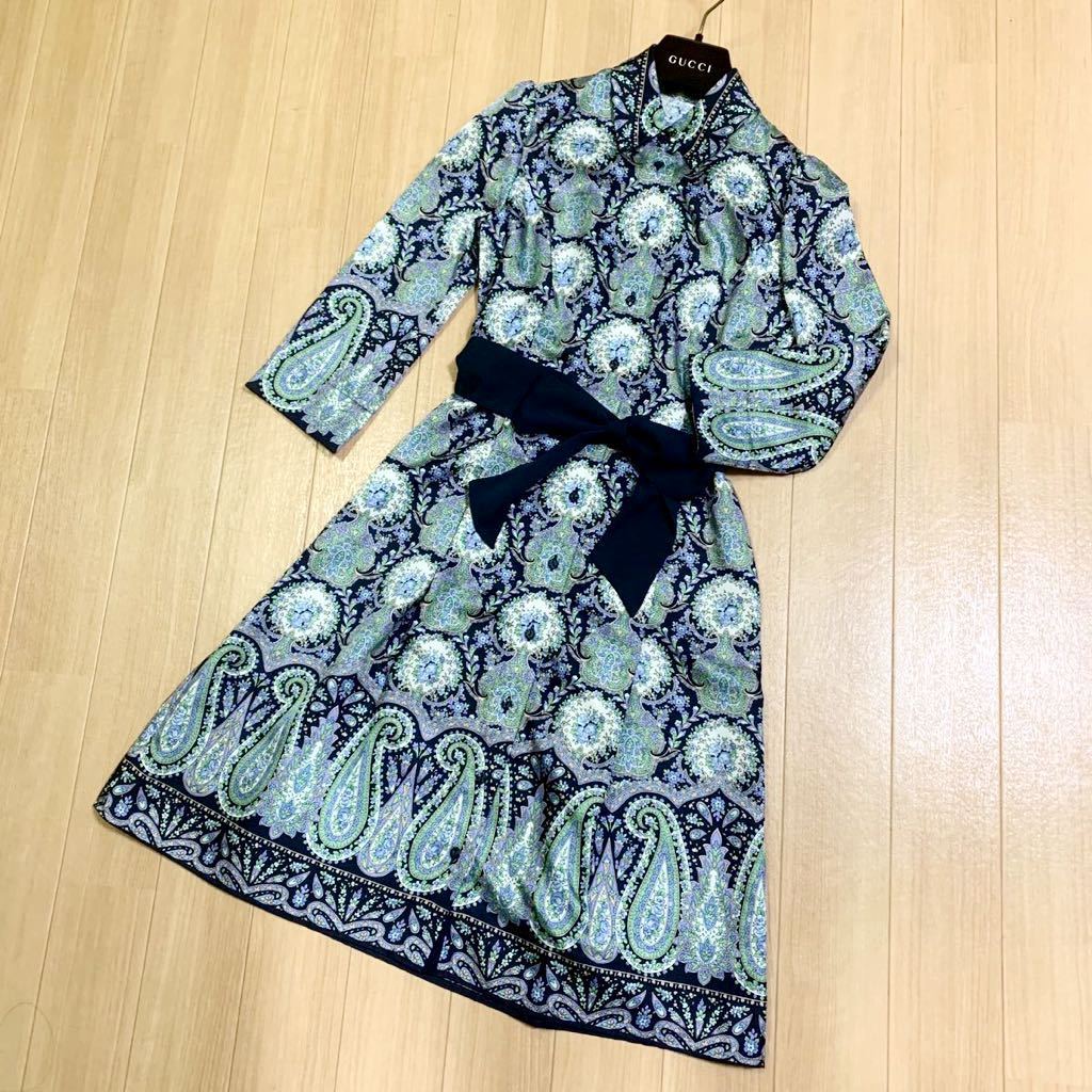 美品♪FRANCO FERRARO フランコフェラーロ ペイズリー柄 リボン付き サテンワンピース♪フォーマル お呼ばれ拍卖