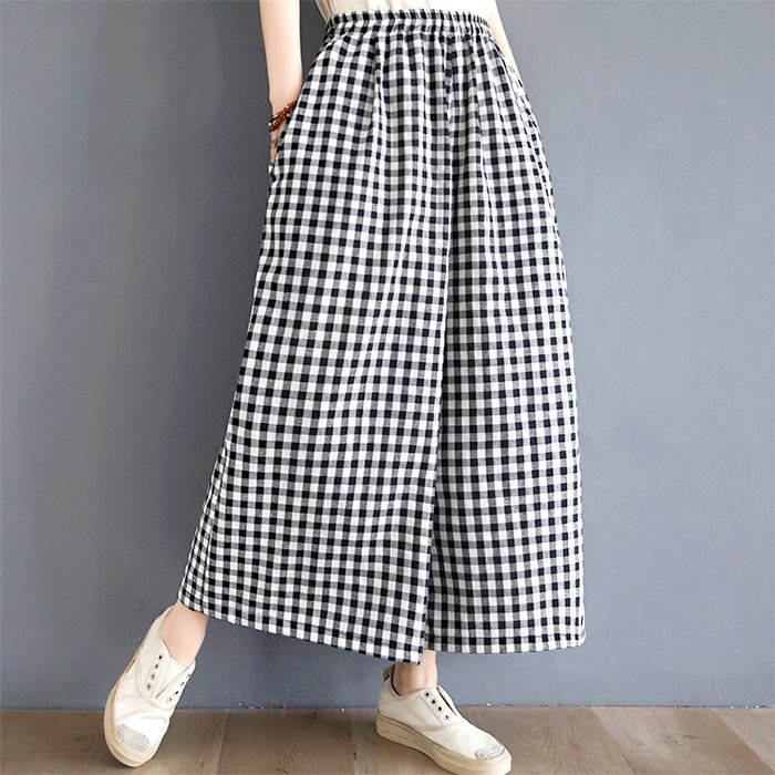 レディース ギンガム チェック柄 ガウチョ パンツ ズボン ボトムス ロング 丈 フリーサイズ 着心地 ウエストゴム ポケット付き aa217拍卖