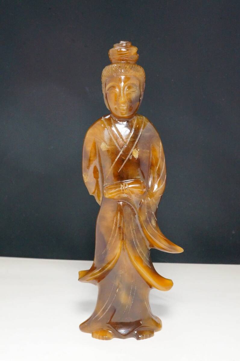 希少在庫!天然茶瑪瑙(アゲート)彫刻品 中国仏教美術・置物 中国古玩 彫刻【天女】置物拍卖