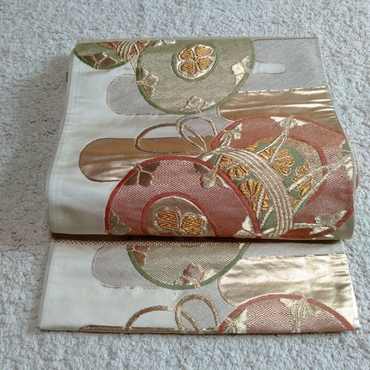 ラ111 袋帯 正絹 金糸 鼓 シミあり 箱付き 着物拍卖