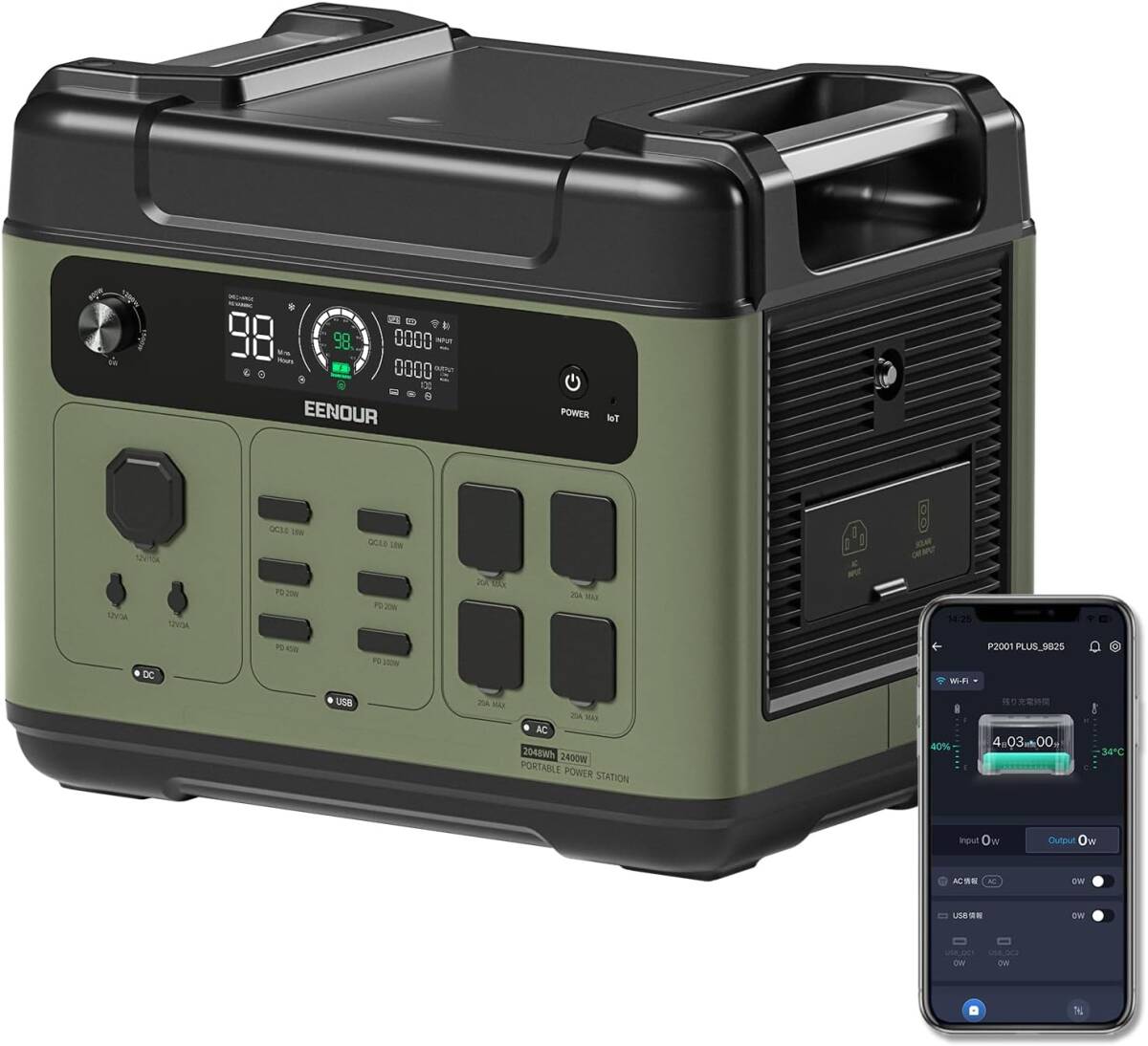 新品 EENOUR ポータブル電源 P2001PLUS(P2001進級版) 大容量 2048Wh/640000mAh リン酸鉄リチウム電池 APP遠隔操作 入力電力調整可拍卖
