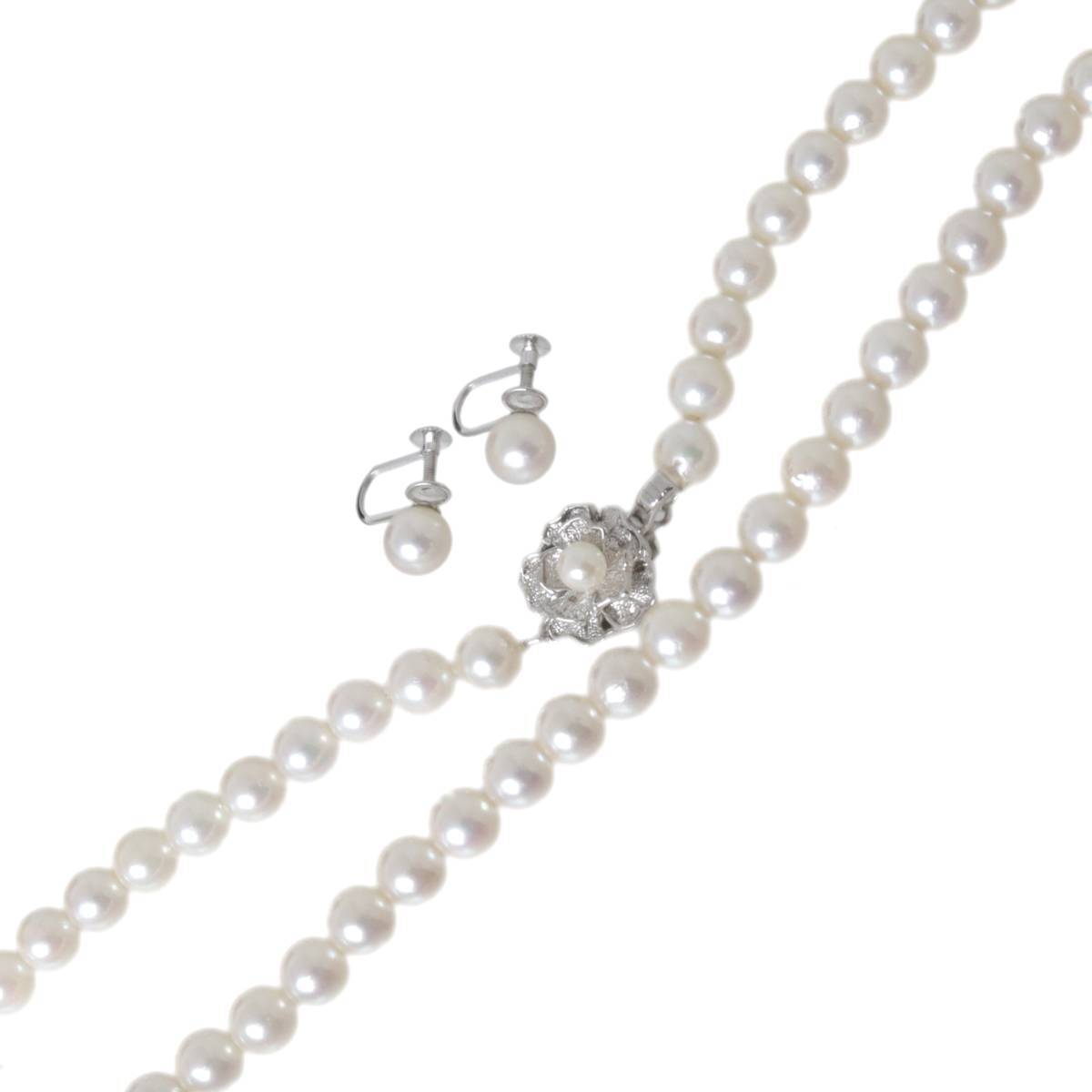 パールネックス 6.5~6.8mm珠 イヤリング 7mm珠 セット 本真珠×金具SILVER/K14WG ピンク系オフホワイト 首周り約42.5cm 約29.4g NT拍卖