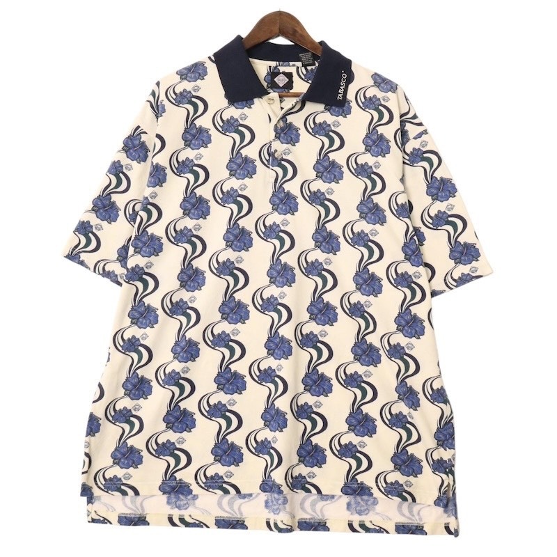 古着 大きいサイズ TABASCO 鹿の子 半袖ポロシャツ メンズUS-2XLサイズ 総柄 アイボリー系 sc-0033n拍卖