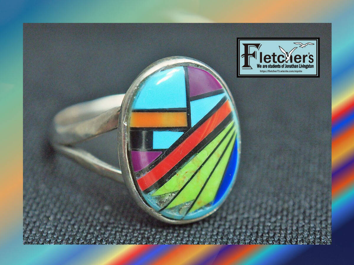 西海岸スタイル インディアンジュエリー ズニ族P Johnson作 マルチストーン&シルバーリング ネイティブアクセサリー 約16.5号 h60拍卖