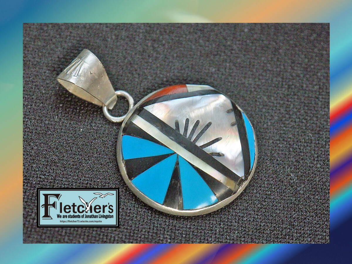 西海岸スタイル ズニ族作家 M BOOQUAマルチストーン&シルバーペンダント ネイティブアクセサリーh65拍卖