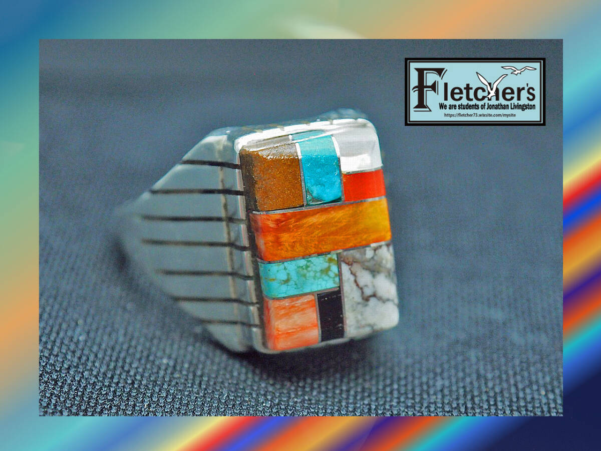 西海岸スタイル インデァインジュエリー ナバホ族作家Ray Jack マルチストーン シルバー リング 27号 ネイティブアクセサリー h66拍卖