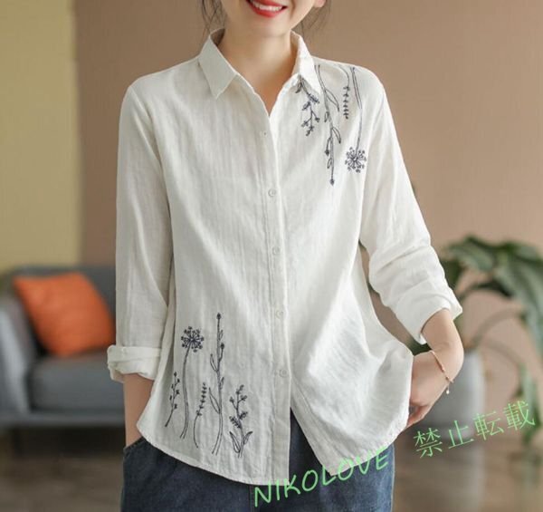 新品シャツ 刺繍り レディース 森ガール 大きいサイズ トップス ゆったり カジュアル ナチュラル 着せ 大人可愛い ホワイト XL LH783拍卖