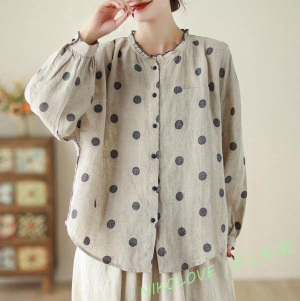 新品カジュアル 大人 可愛い シャツ 水玉柄 長袖 ブラウス 通勤 OL チェック 綿麻 ナチュラル 着痩せ ゆったり 体型カバー LH763拍卖