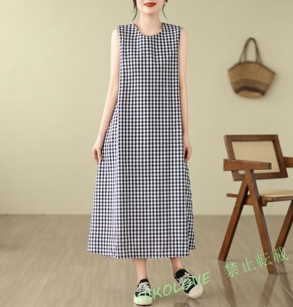 新品オリジナル ワンピース チェック柄 20代30代40代 ノースリーブ ロングワンピース カジュアル Aラインワンピース L LH506拍卖
