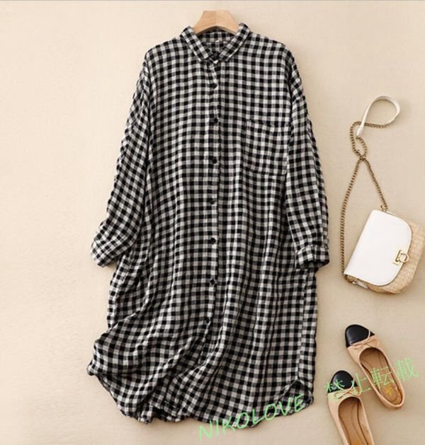 新品 カジュアル シャツワンピース チュニック 綿麻 ロングシャツ 長袖 大チェック柄 大きいサイズ ロングワンピース LJ117拍卖