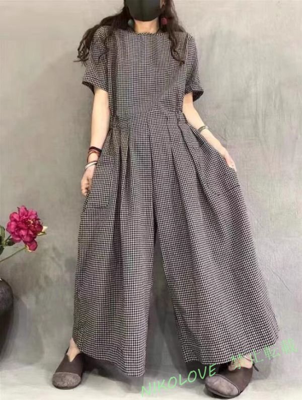 新品夏サロペット レディース きれいめ 綿麻 千鳥格柄 パンツ オールインワン ワイドパンツ パンツドレス 大人 ガウチョパンツ L LJ148拍卖