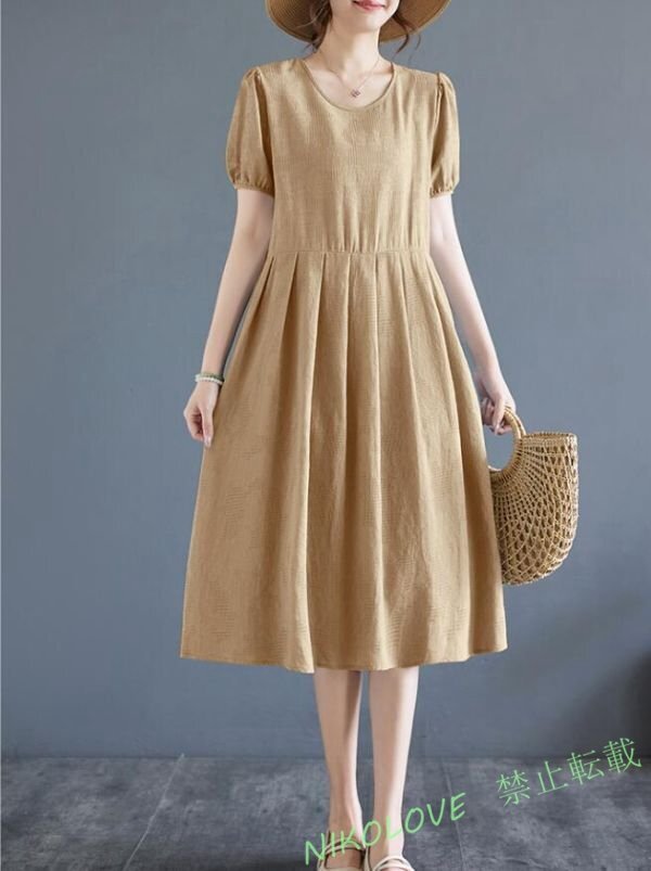 新品夏ワンピース 大きいサイズ 膝丈ワンピース かわいい ゆったり 着痩せ ひざ丈ワンピース Aライン リネンワンピース カーキLJ027拍卖