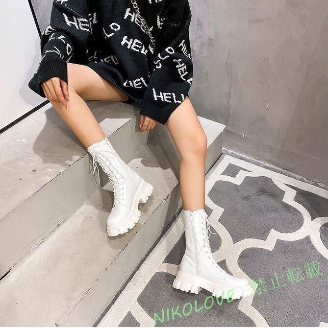 新品人気品 レースアップシューズ 女性 新型厚底の中筒秋ブーツ 白いブーツ ショートブーツ ホワイト 23.0cm LC800拍卖