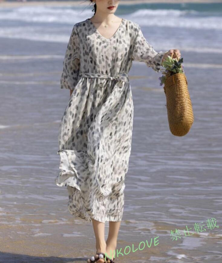 新品春夏カジュアル 大人 ワンピース Vネック きれいめ 花柄 レディース ロングワンピース プリント柄 半袖 マキシワンピース L LH603拍卖