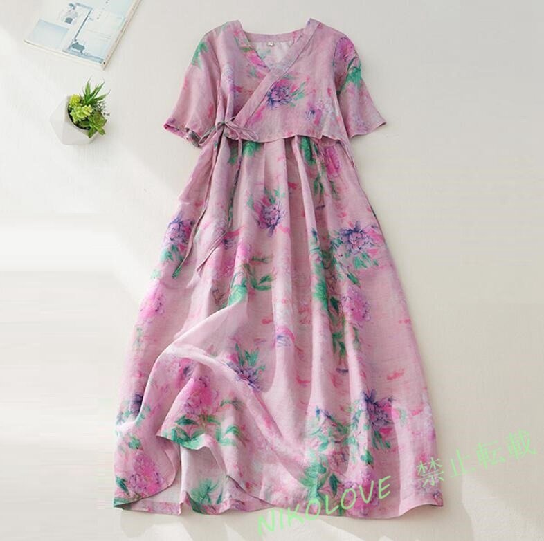 新品春夏 カジュアル 半袖 プリント柄 ロングワンピース 綿麻混風 大きいサイズ フレアワンピース ゆったり 軽い 涼しい 2XL LH742拍卖