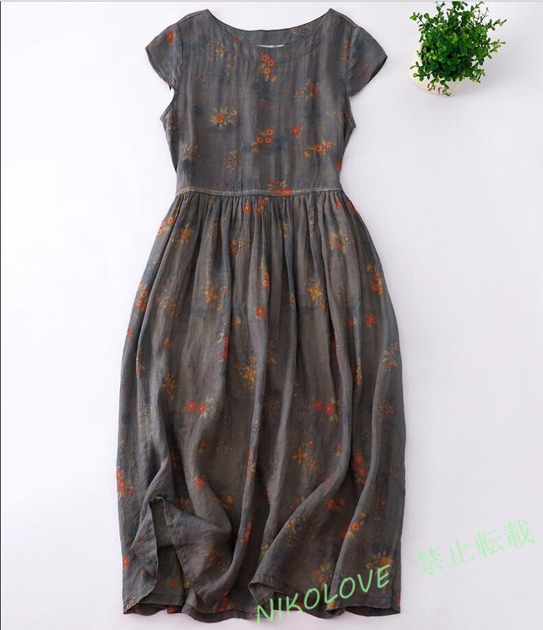 新品春夏ワンピース レディース 大きいサイズ ゆったり 夏 半袖 きれいめ プリント柄 ロングワンピース 復古風 マキシワンピース LJ083拍卖