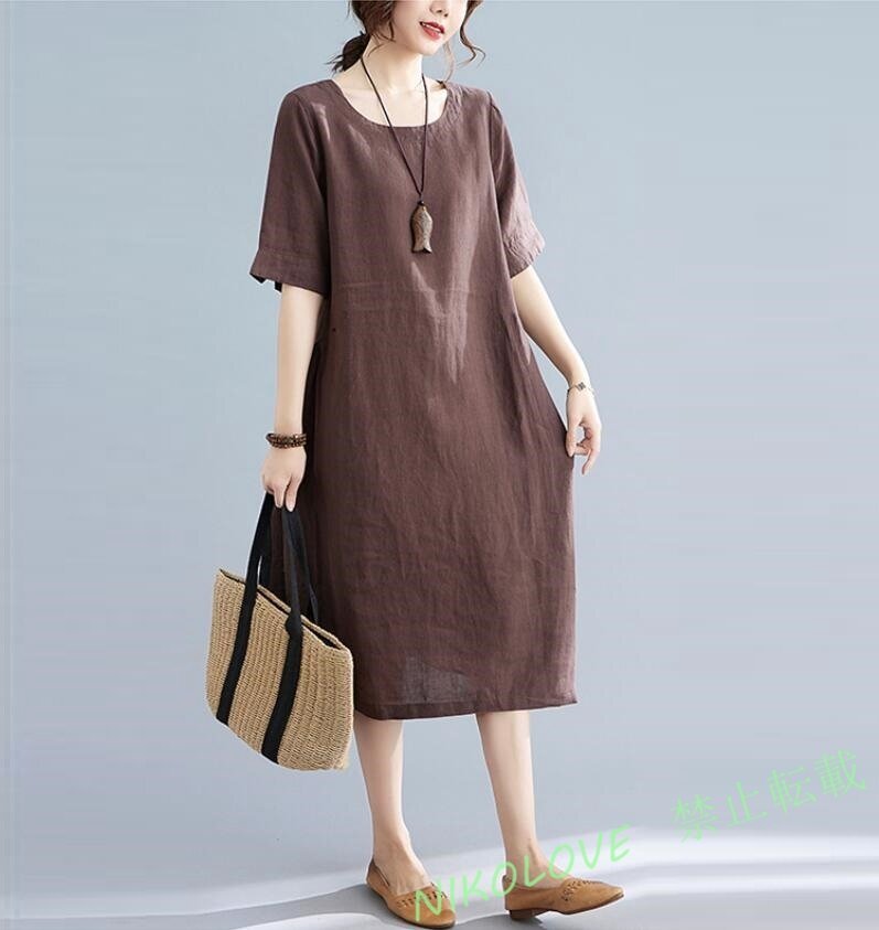 新品綿麻 ワンピース 大きいサイズ ひざ丈ワンピース 半袖 ゆったり Aライン シンプル ナチュラル 着痩せ 森ガール コーヒー LH689拍卖