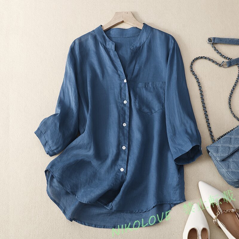新品春夏カジュアル トップス 薄手 復古 チュニック シンプル ゆったり 綿麻 きれいめ 半袖 大きいサイズ ブラウスシャツ ネイビー LH436拍卖