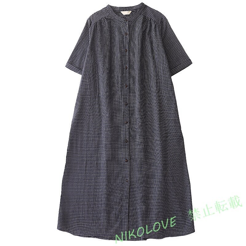 新品春夏カジュアル シャツワンピース チェック柄 半袖 大人 Aラインワンピース おしゃれ 大きいサイズ ひざ丈ワンピース 2XL LH818拍卖