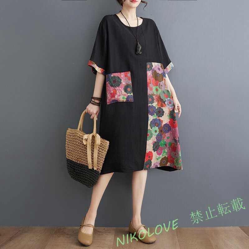 新品春夏ワンピース プリント柄 切り替え 半袖 ワンピース きれいめ ゆったり 膝丈 ひざ丈ワンピース 通勤 着痩せ 上品 ブラック LH498拍卖