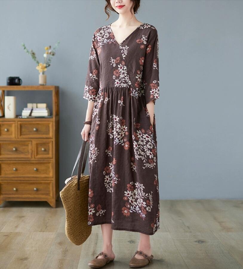 LB131 カジュアル ロングワンピース 花柄ワンピース きれいめ プリント柄 通勤 大人 着やせ 半袖 マキシ丈ワンピース 大きいサイズ拍卖