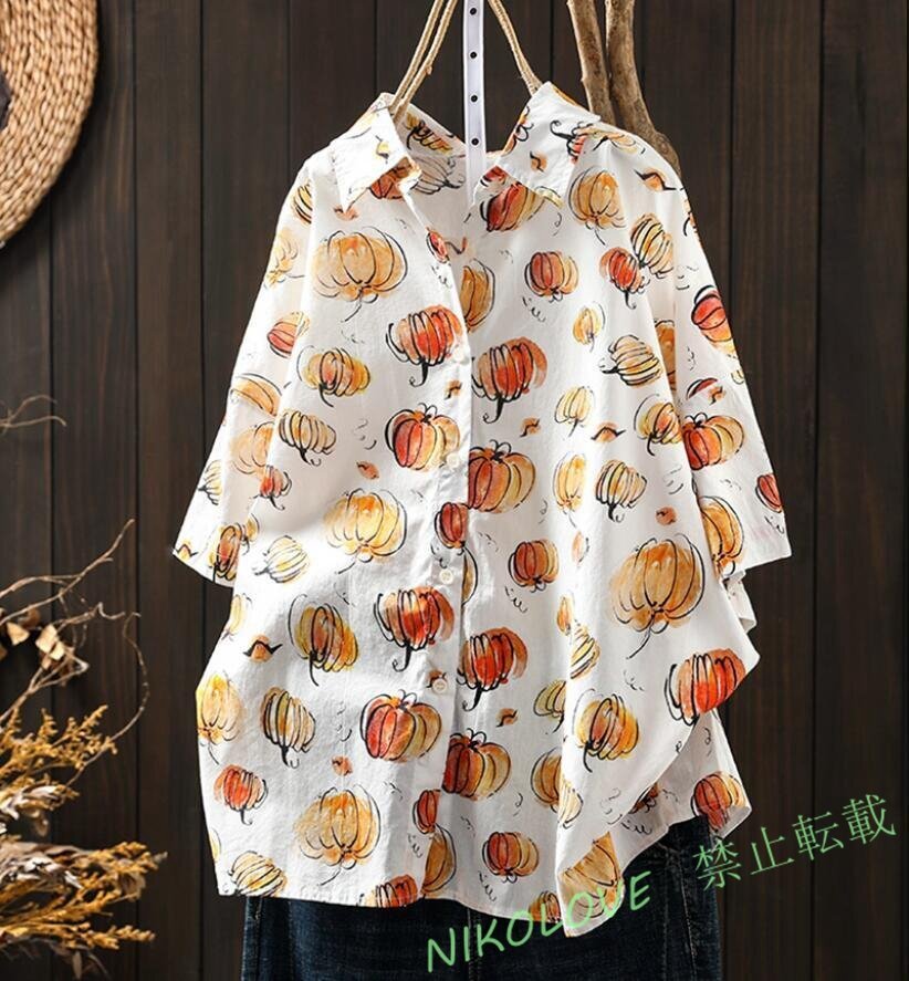 新品春夏ナチュラル チュニック レディース 上品 シャツブラウス コットン プリント柄 半袖 大きいサイズ トップス きれいめ LH987拍卖