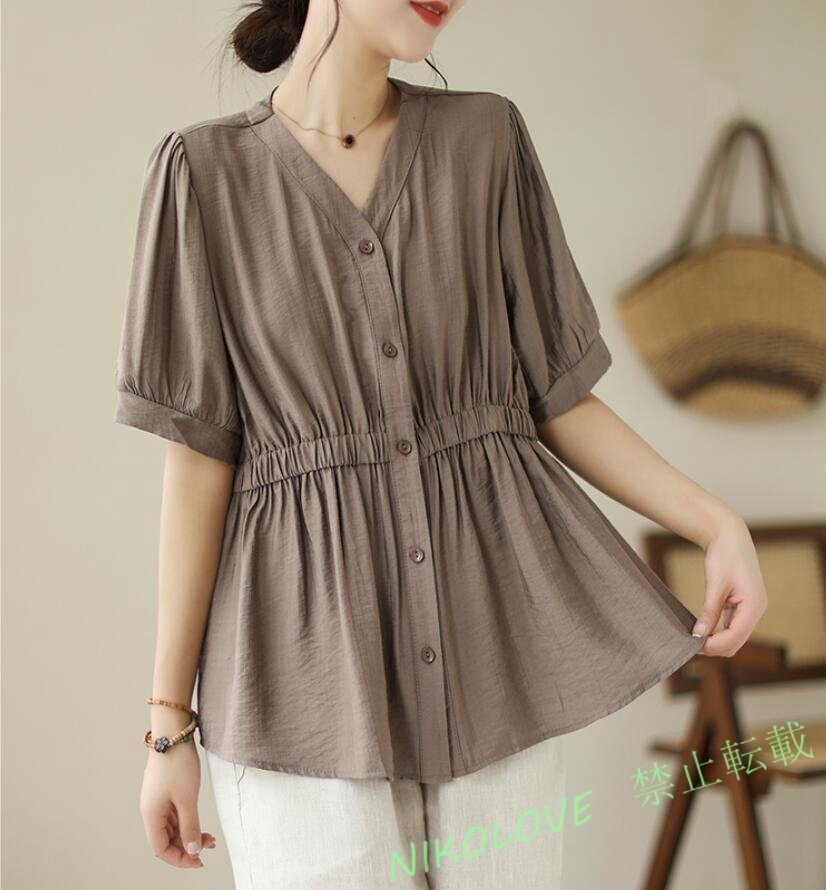 新品春夏 カジュアル シャツ レディース チュニック ゆったり 半袖 Vネック 大きいサイズ オフィス行事 ブラウスシャツ カーキ LH766拍卖