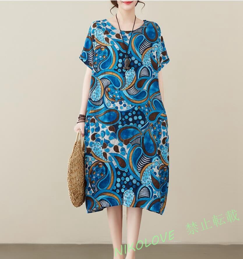 新品春夏 大きいサイズ ロングワンピ 半袖 ゆったり きれいめ プリント柄 ナチュラル 着痩せ 復古風 綿麻 カジュアル 01 LH582拍卖