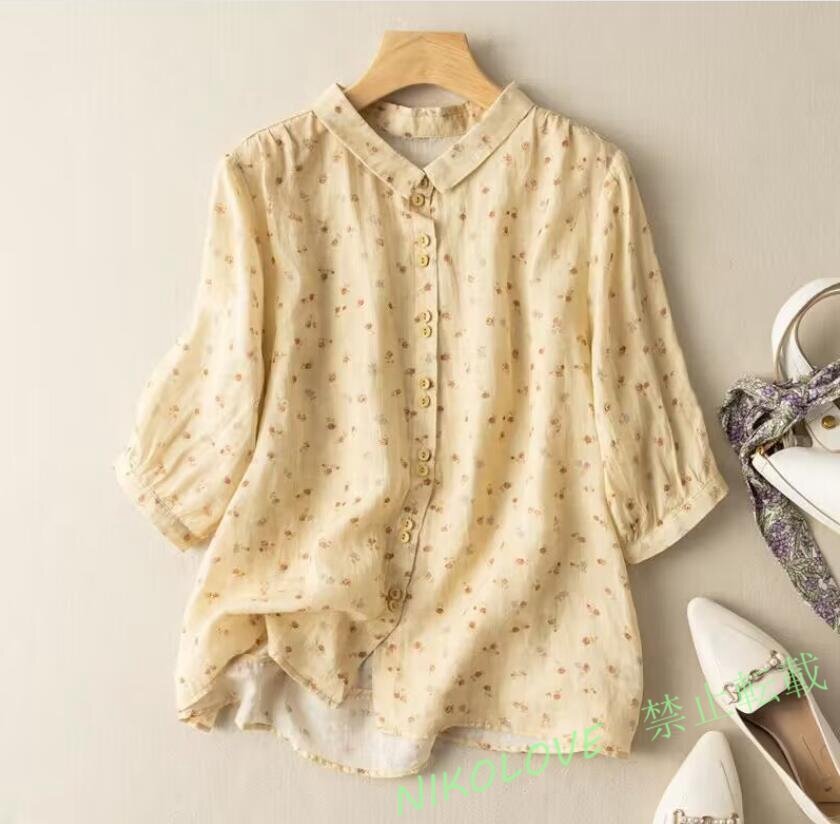 新品綿麻 シャツ レディース ブラウス チュニック ブラウス 七分袖 リネン シャツ ナチュラル 着痩せ ゆったり 可愛い イエロー LJ097拍卖