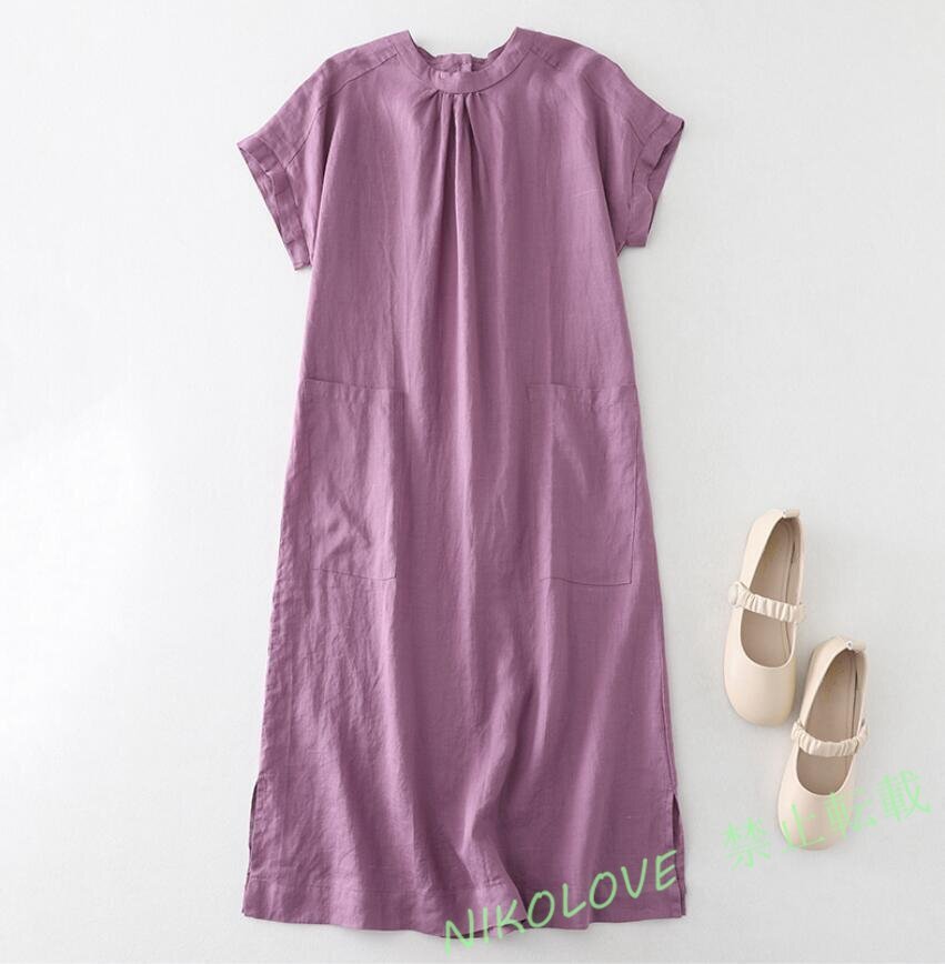 新品春夏 リネン混 ワンピース 半袖 綿麻 ワンピース ミモレ丈 Aライン シャツワンピース カジュアル ひざ丈 パープル XL LH892拍卖