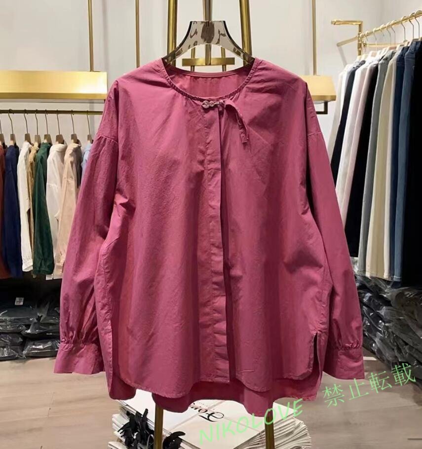 新品カジュアル 可愛い 綿麻混 トップス ナチュラル ゆったり コットン チュニック 長袖 素敵な 大きいサイズ シャツ バラ色 L LH883拍卖