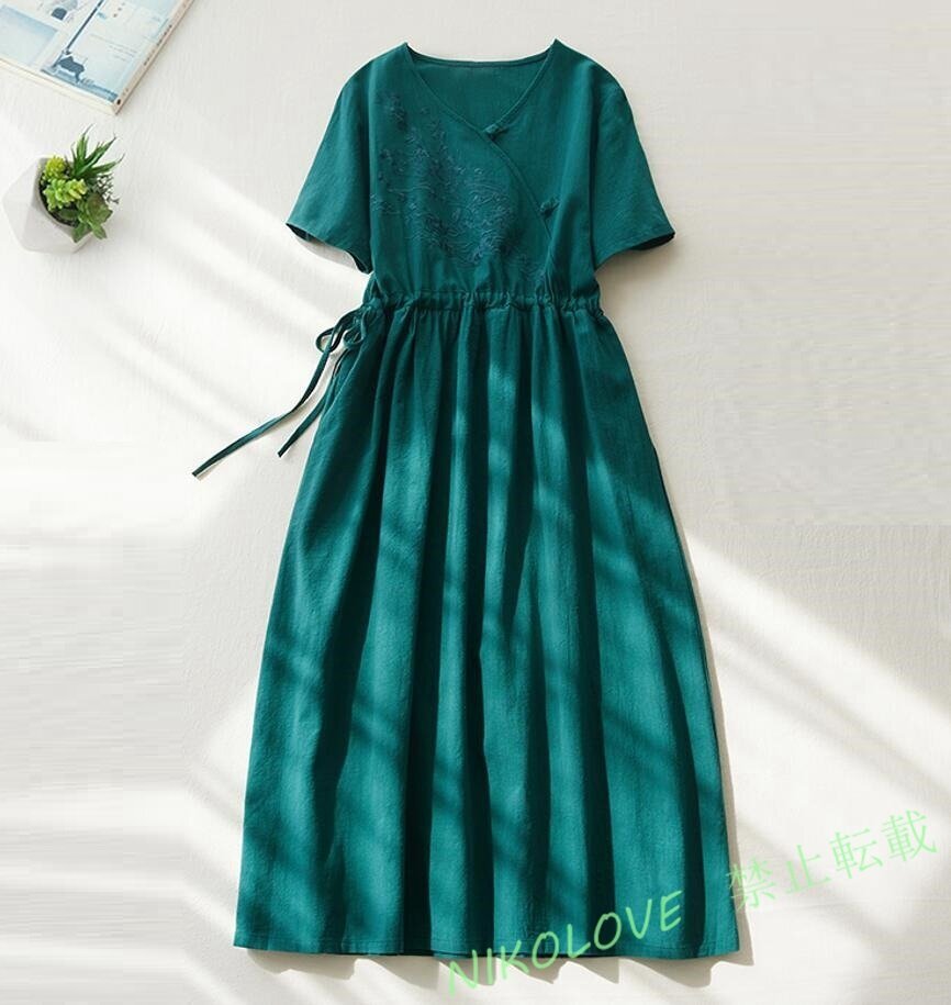 新品春夏 マキシ丈ワンピース 半袖 リネンワンピース キレイめ 刺繍入り 大きいサイズゆるシルエット ロングワンピース グリーン LH557拍卖