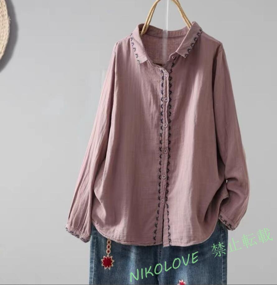 新品ブラウス 長袖 レディース 刺繍り コットン シャツ オフィス ビジネス チュニック 体型カバー きれいめ OL パープル LJ031拍卖