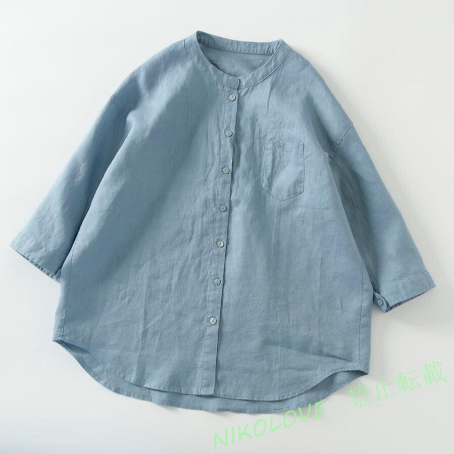 新品綿麻 シャツ レディース ブラウス リネン 7分袖 シャツブラウス 麻混 トップス 大人 ゆったり 大きいサイズ ブルー LJ064拍卖