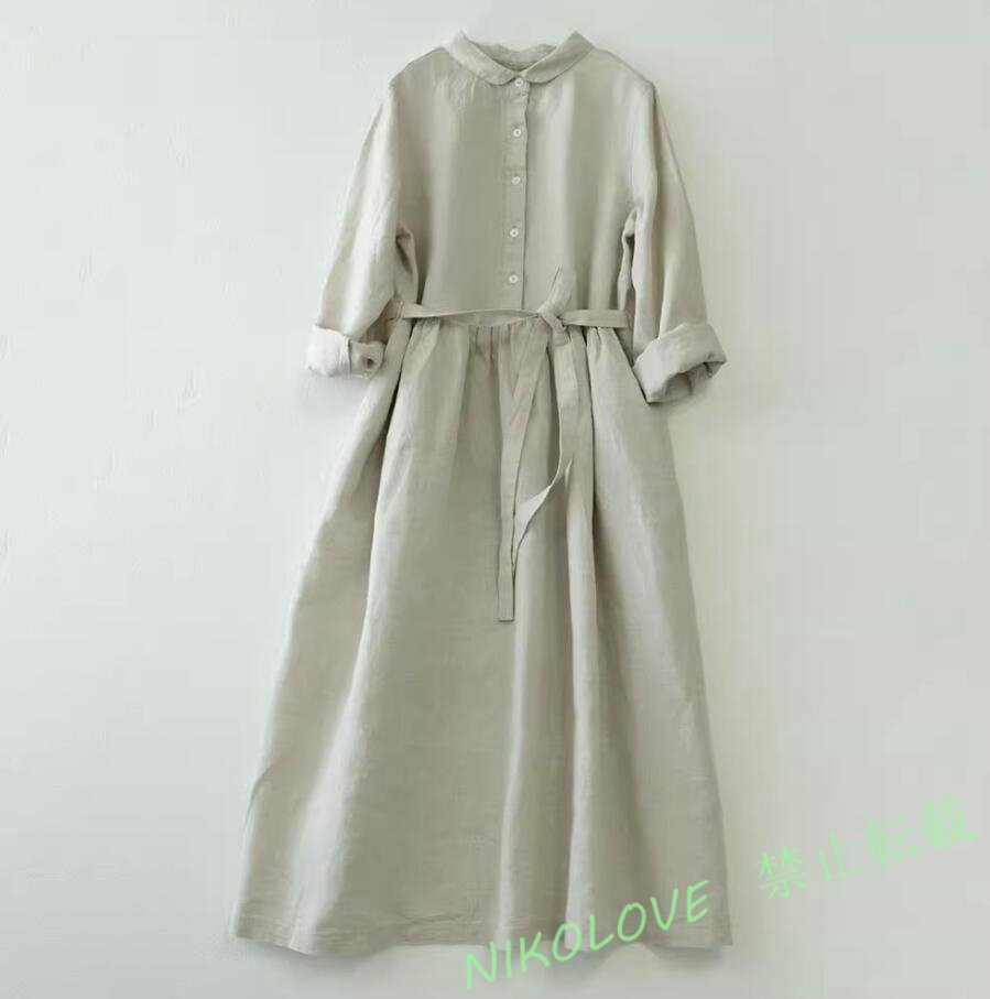 新品夏 シャツワンピース 着心地快適 ロングワンピー リボン 大人 通勤OL リネン 半袖 大きいサイズ マキシロングワンピース 麻色 LJ124拍卖