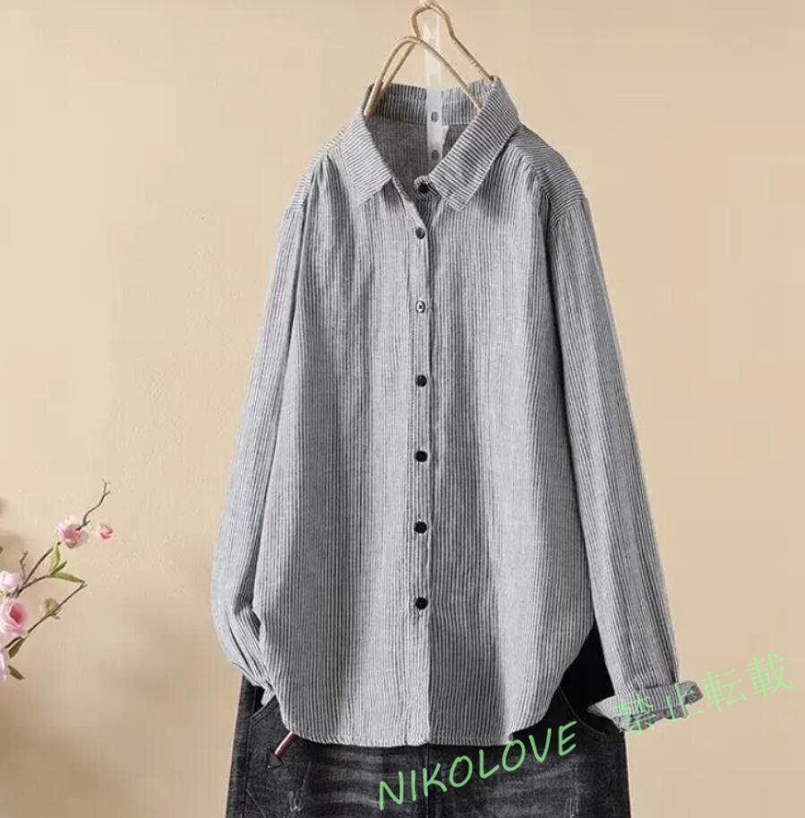 新品森ガール シャツ ブラウス レディース 長袖 ナチュラル ボーダー柄 トップス 通勤 簡素 ブラウス 大きいサイズ 黒 LH705拍卖