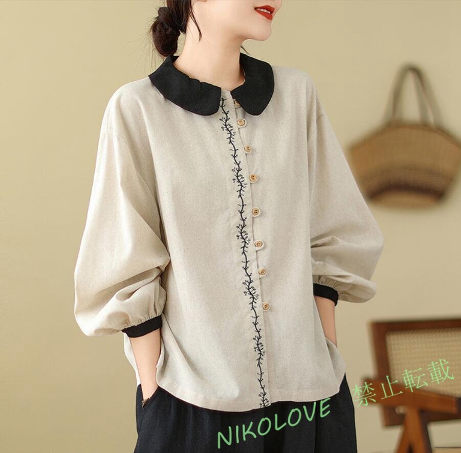 新品綿麻 シャツ レディース ブラウス チュニック 刺繍り 長袖 リネン シャツ ナチュラル ゆったり 可愛い きれいめ XL LH504拍卖