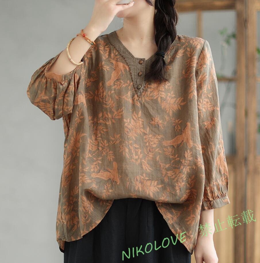 新品森ガール レディース 体型カバー 七分袖 ナチュラル トップス きれいめ プリント 切り替え 大きいサイズ ブラウス オレンジ M LJ047拍卖